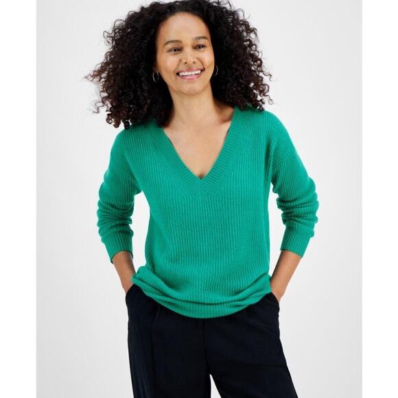 Charter Club 100% Cashmere Sweater Size L Peacock Green V-Neck Colorful Staple - Picture 1 of 10
